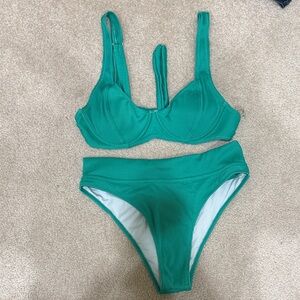 Green Ribbed Underwire Bikini Set - Women Swim